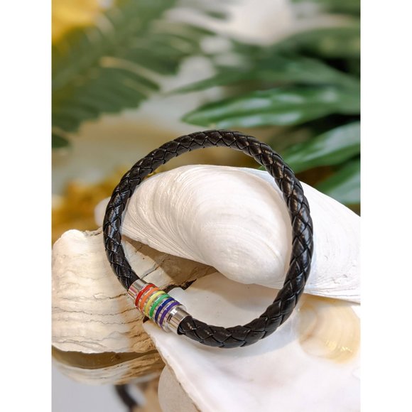 🍑Gay Pride Rainbow LGBTQ Braided Black Leather Magnetic Closure Bracelet - Picture 6 of 9